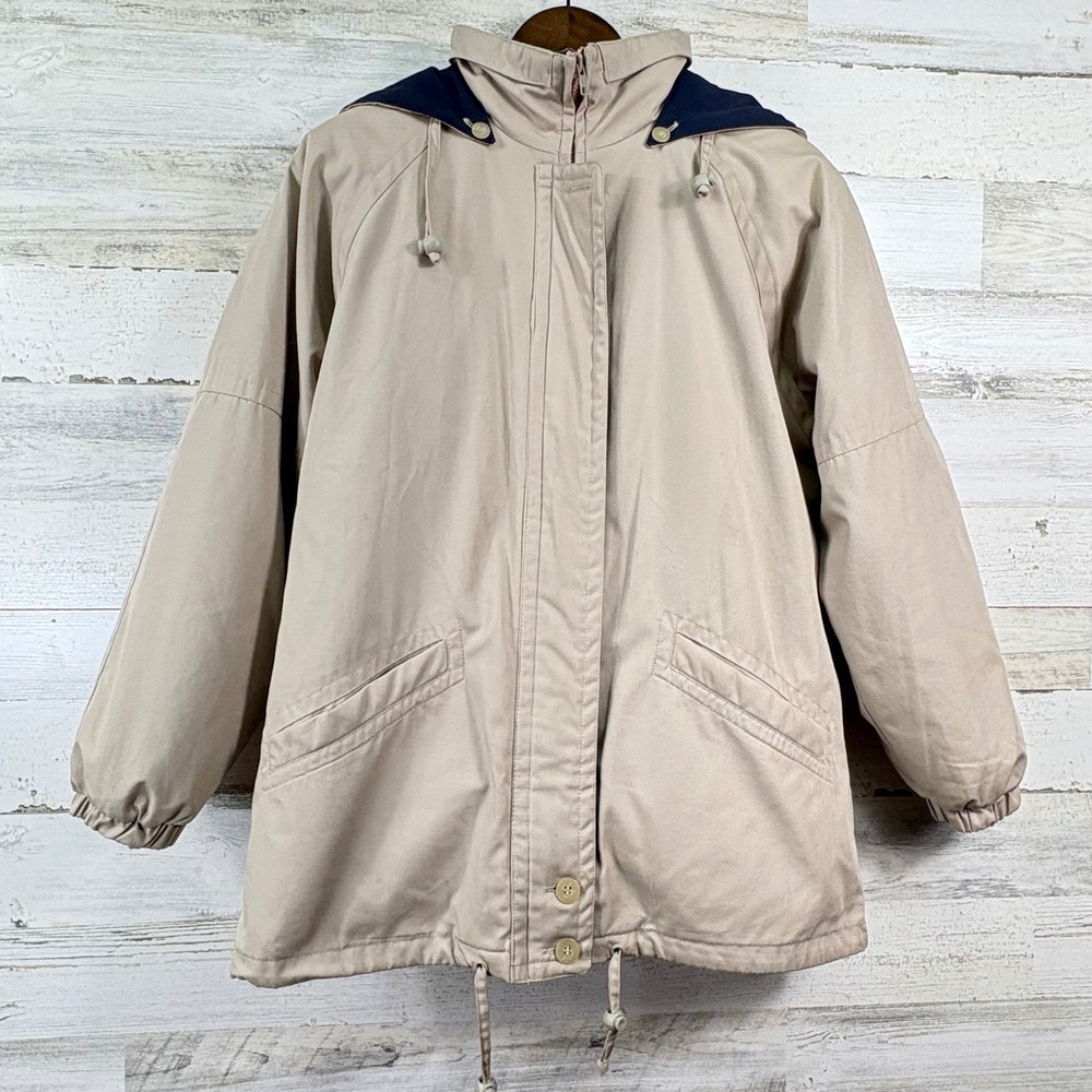 Towne London Fog Parka Jacket XL Beige Blue Removable Hood Vintage 80s Gorpcore